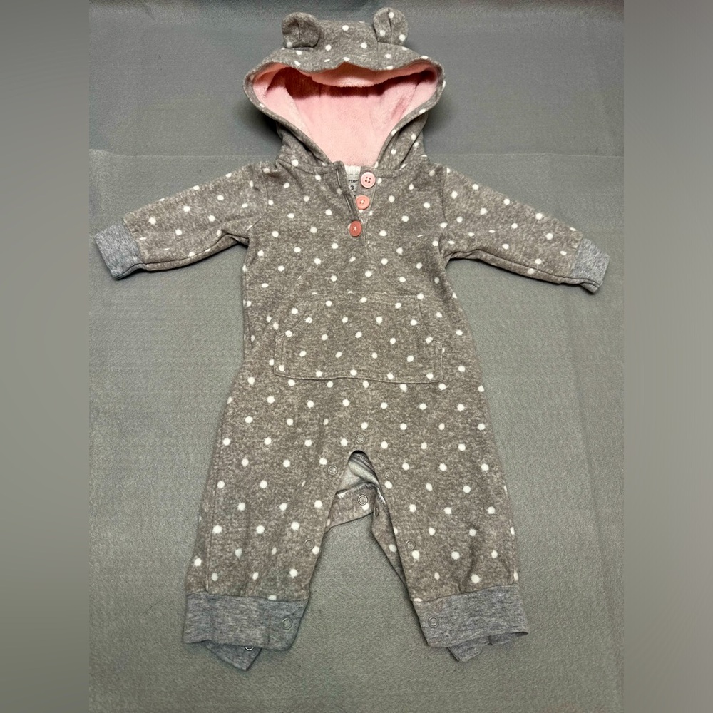 Carters girls 3m winter romper/suit- gray and pink plush fabric with hood